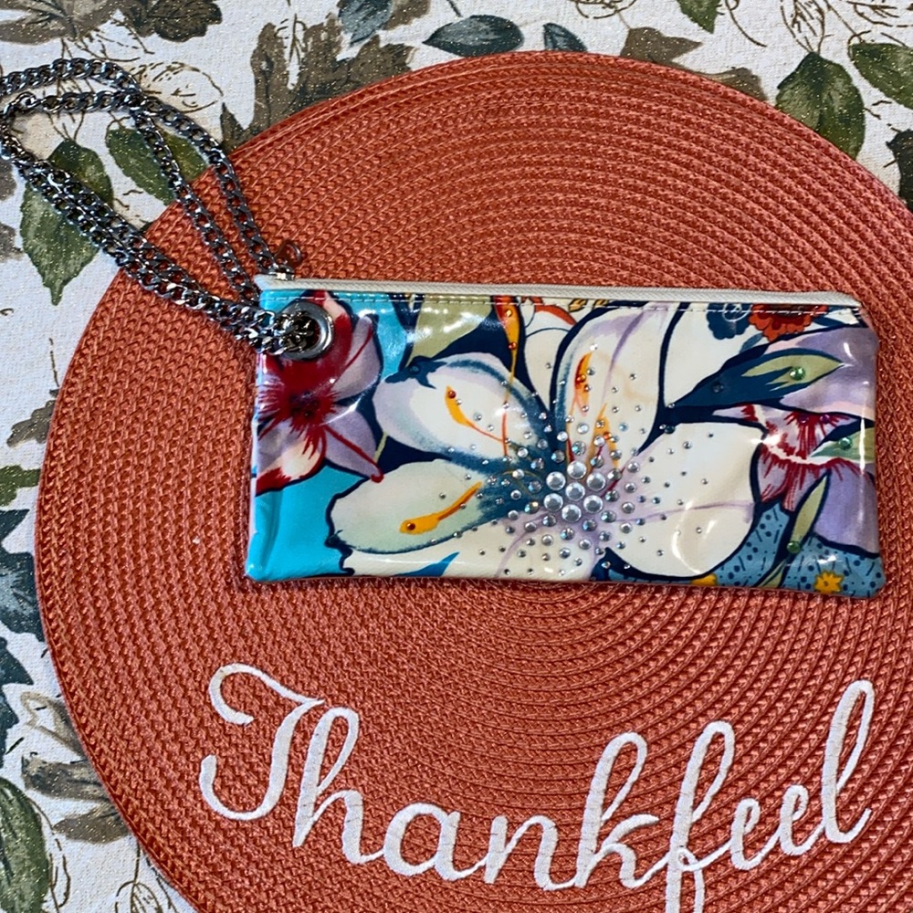 m. andonia Floral Vinyl Overlay Zip Top Silver Chain Wristlet Clutch Bag EUC